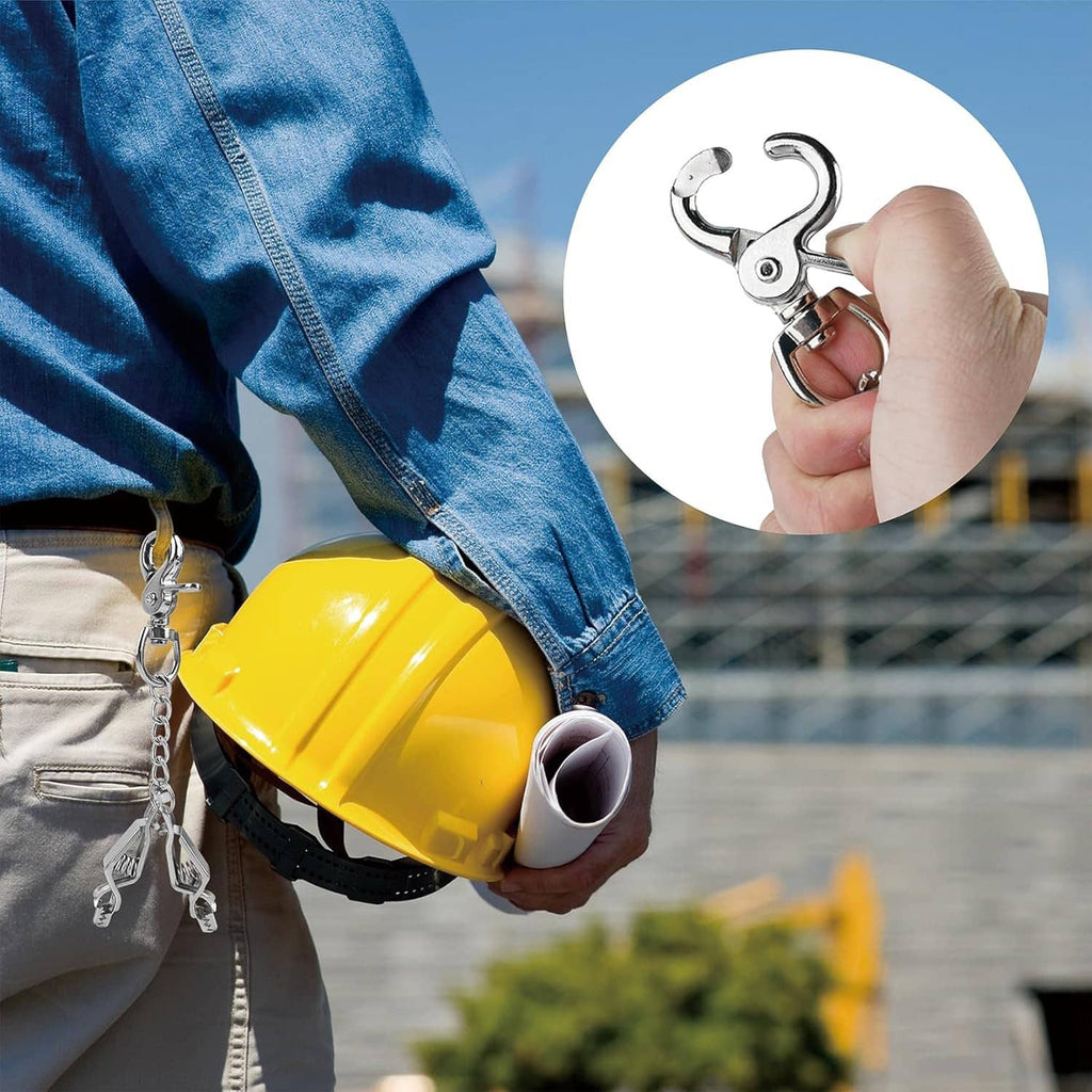 Metal glove clip with chain hanging from workwear for holding gloves