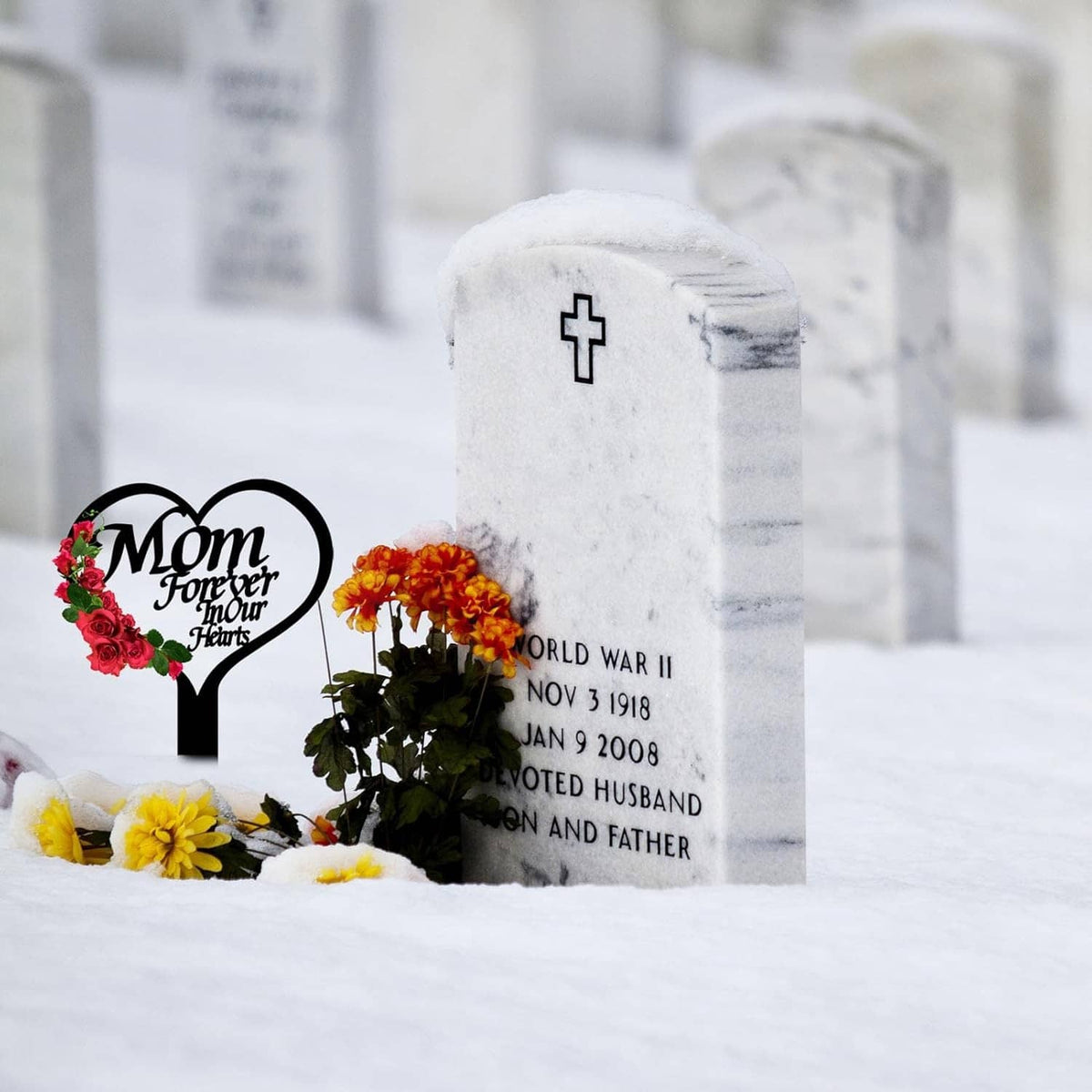 Heart grave marker stake with Mom Forever in Your Hearts design and roses