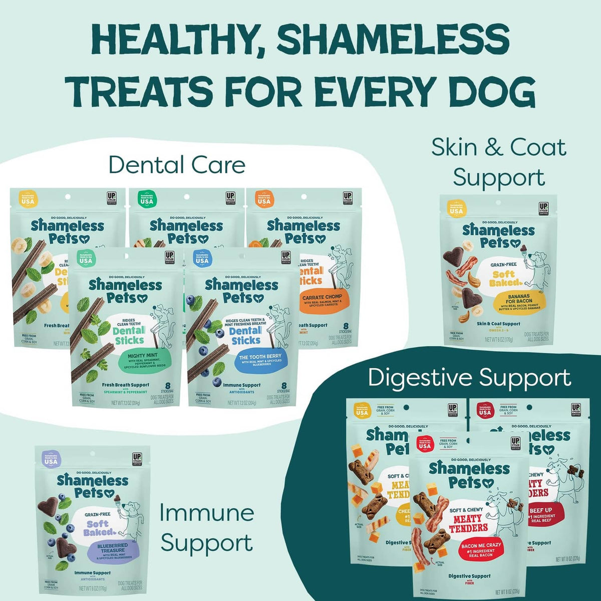Assorted Shameless Pets treat bags for dental care, digestive support, immune support, skin & coat