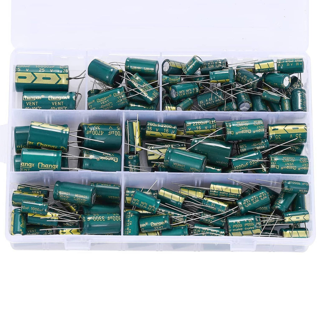 Aluminum electrolytic capacitor assortment in clear plastic organizer, green can capacitors