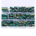 Aluminum electrolytic capacitor assortment in clear plastic organizer, green can capacitors