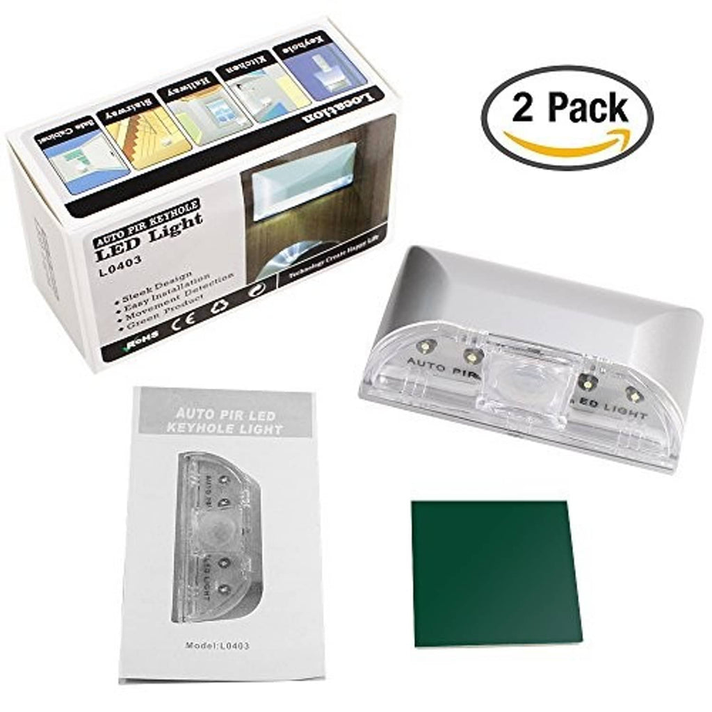 2-pack auto PIR keyhole LED light set with retail box, manual, and two units