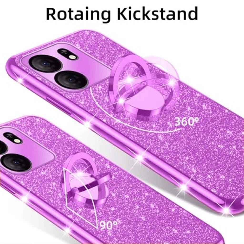 Purple glitter TPU phone case with rotating kickstand ring; 360° support