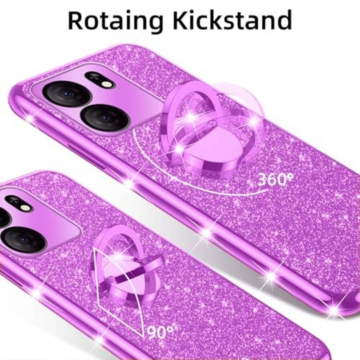Purple glitter TPU phone case with rotating kickstand ring; 360° support