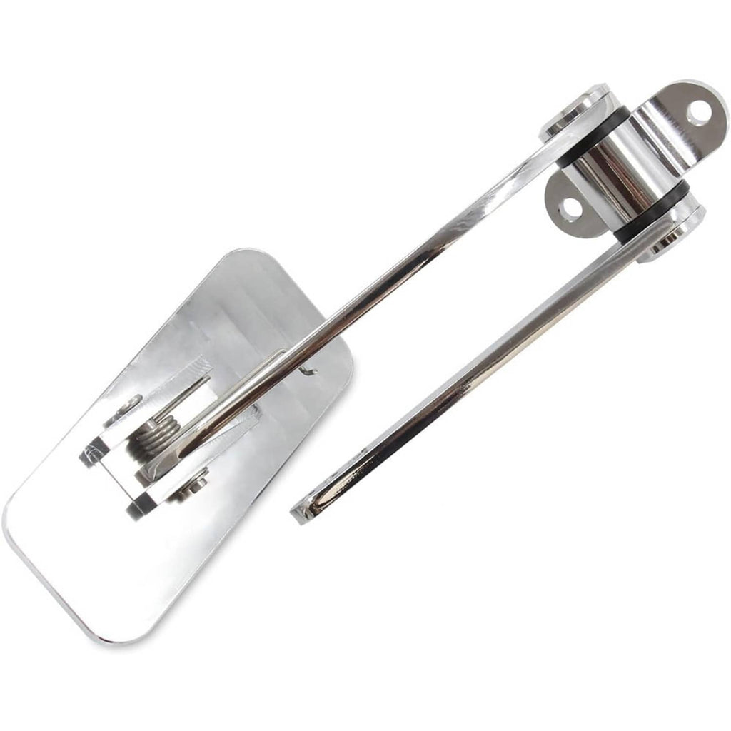 Polished aluminum pedal linkage with mounting bracket and pivot hardware, side view