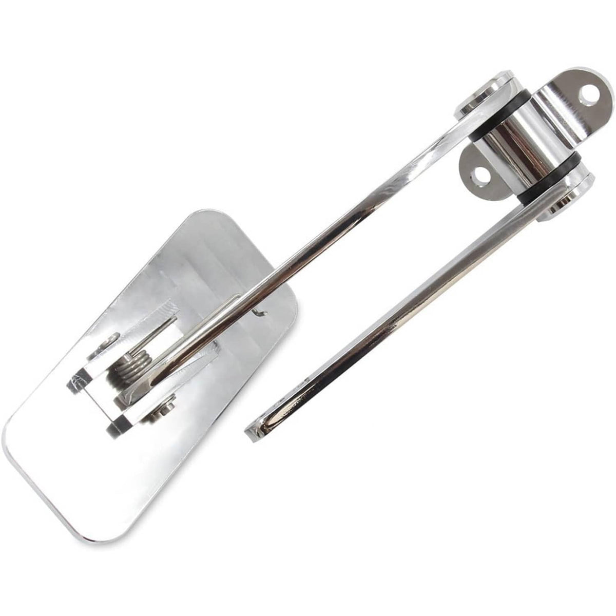 Polished aluminum pedal linkage with mounting bracket and pivot hardware, side view