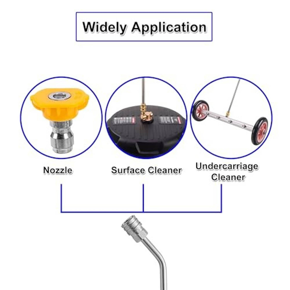 Curved pressure washer extension wand with nozzle and surface-cleaner attachment