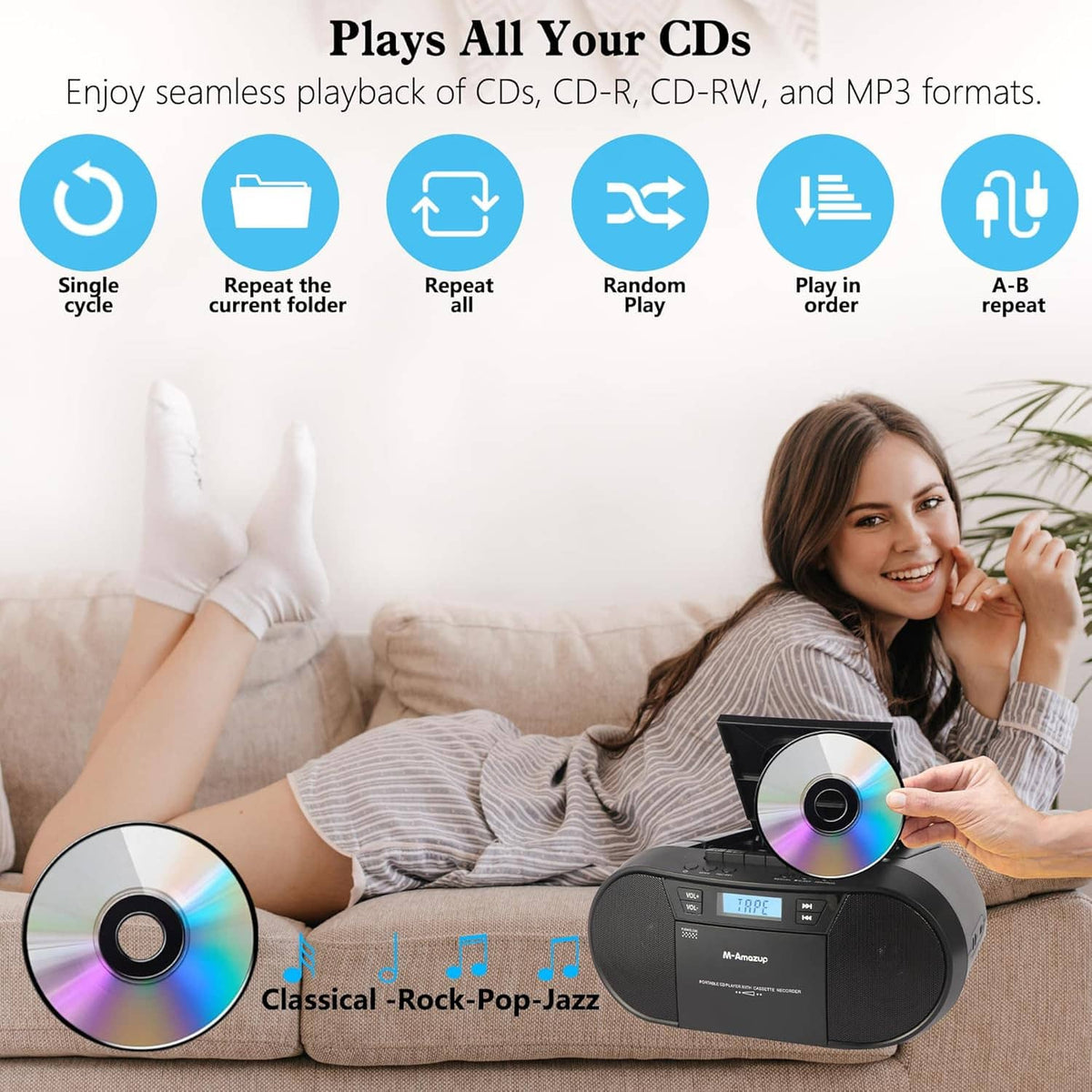 Black portable CD boombox with display screen and front speaker grille
