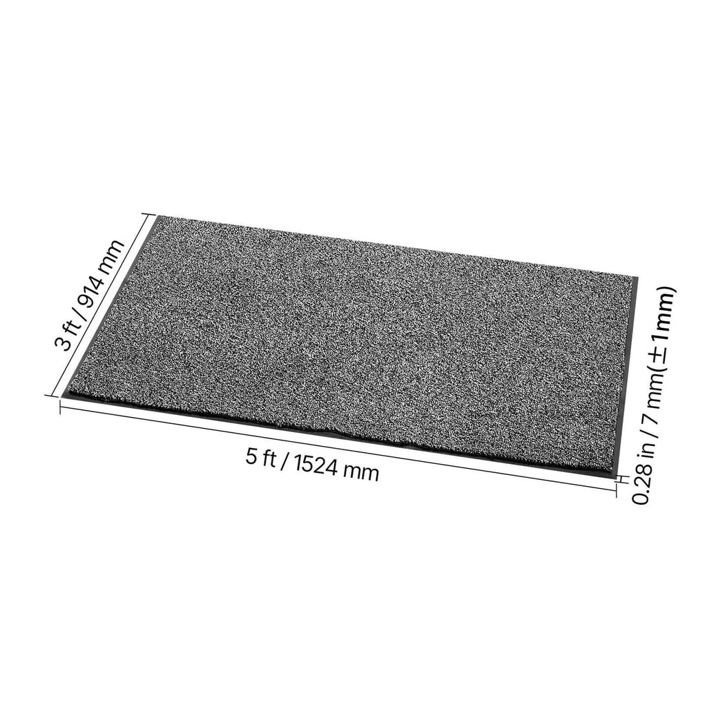 Grey front door mat side view showing thin profile with speckled top and flat back