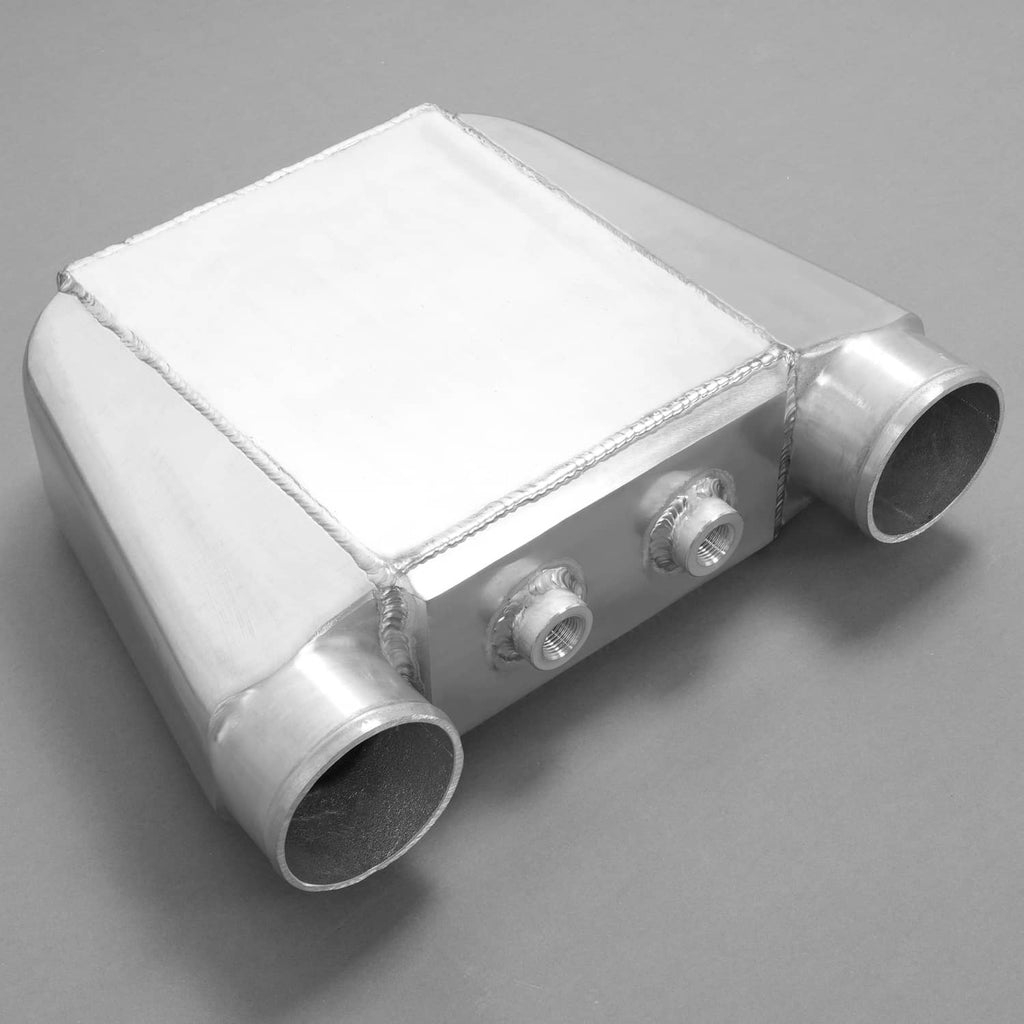 Aluminum water intercooler with rectangular core housing and two end tubes
