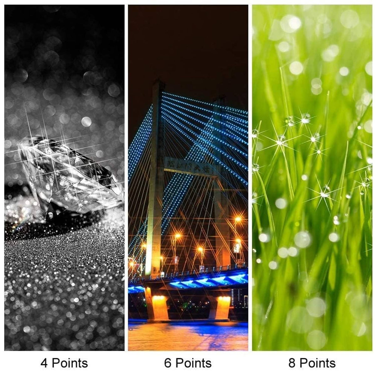 Starburst lens filter options showing 4-point, 6-point, and 8-point effects
