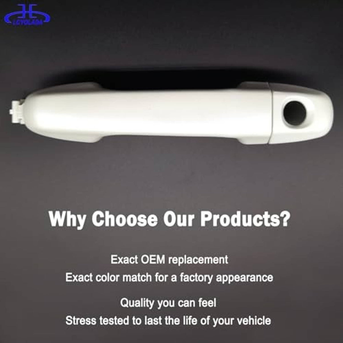 White front left exterior door handle with round keyhole and hinged grip section