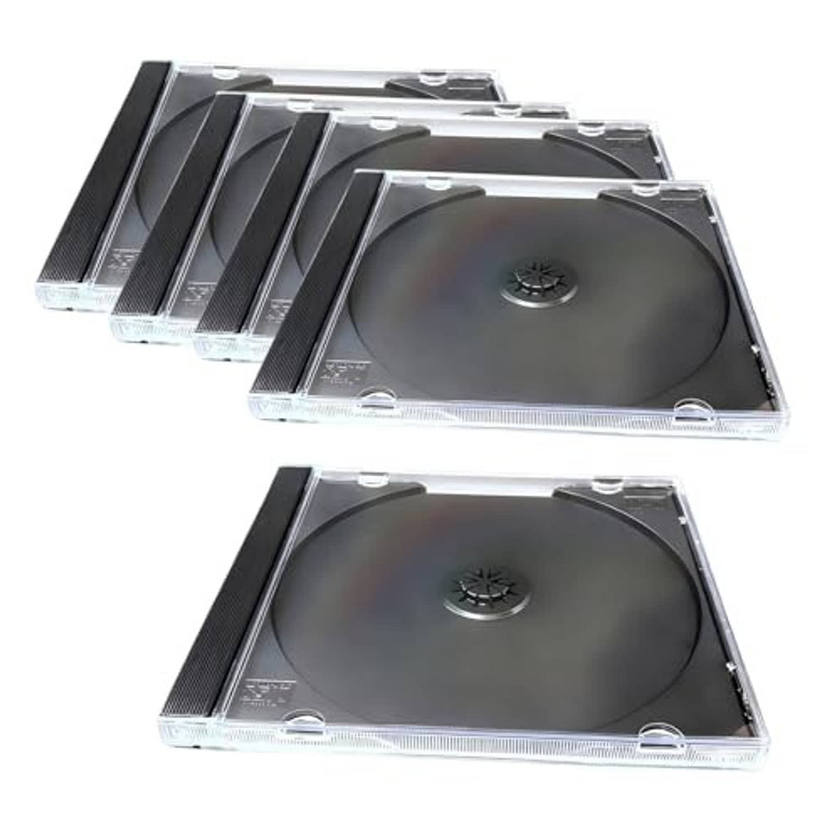 Stack of clear single-disc CD jewel cases with dark disc inside, multiple angles