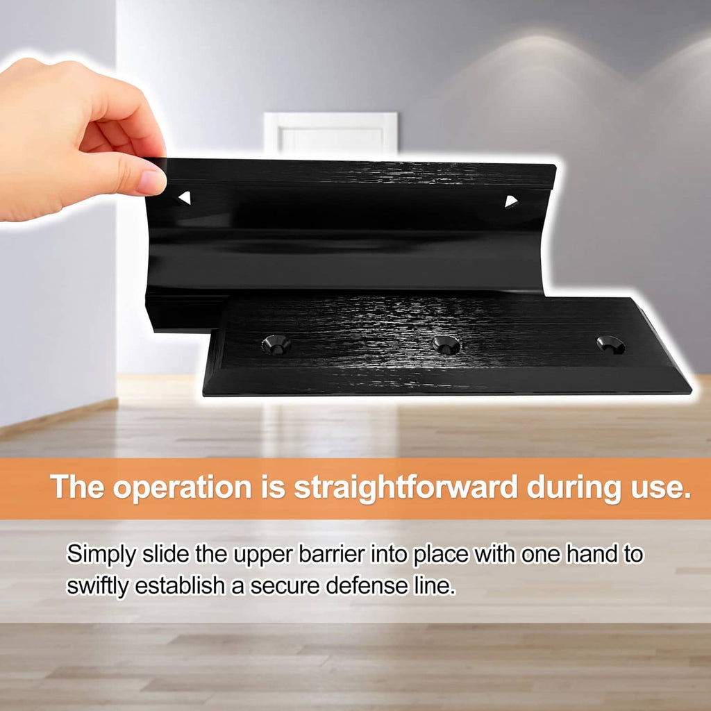 Black door brace barricade with sliding upper barrier and three screws on base plate