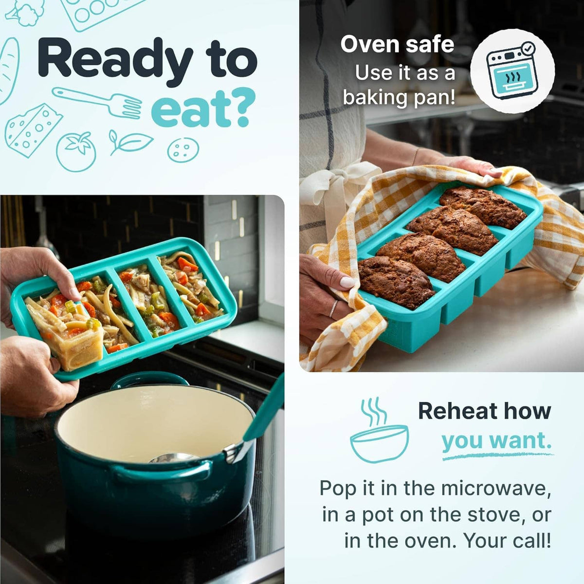Teal silicone freezer mold tray with clear lid, shown in baking and reheating use.