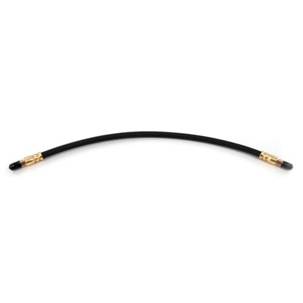 Flexible black rubber brake hose with brass fittings and inverted flare connections