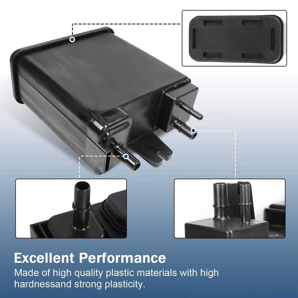 Black EVAP charcoal vapor canister with hose ports and rectangular mounting opening.