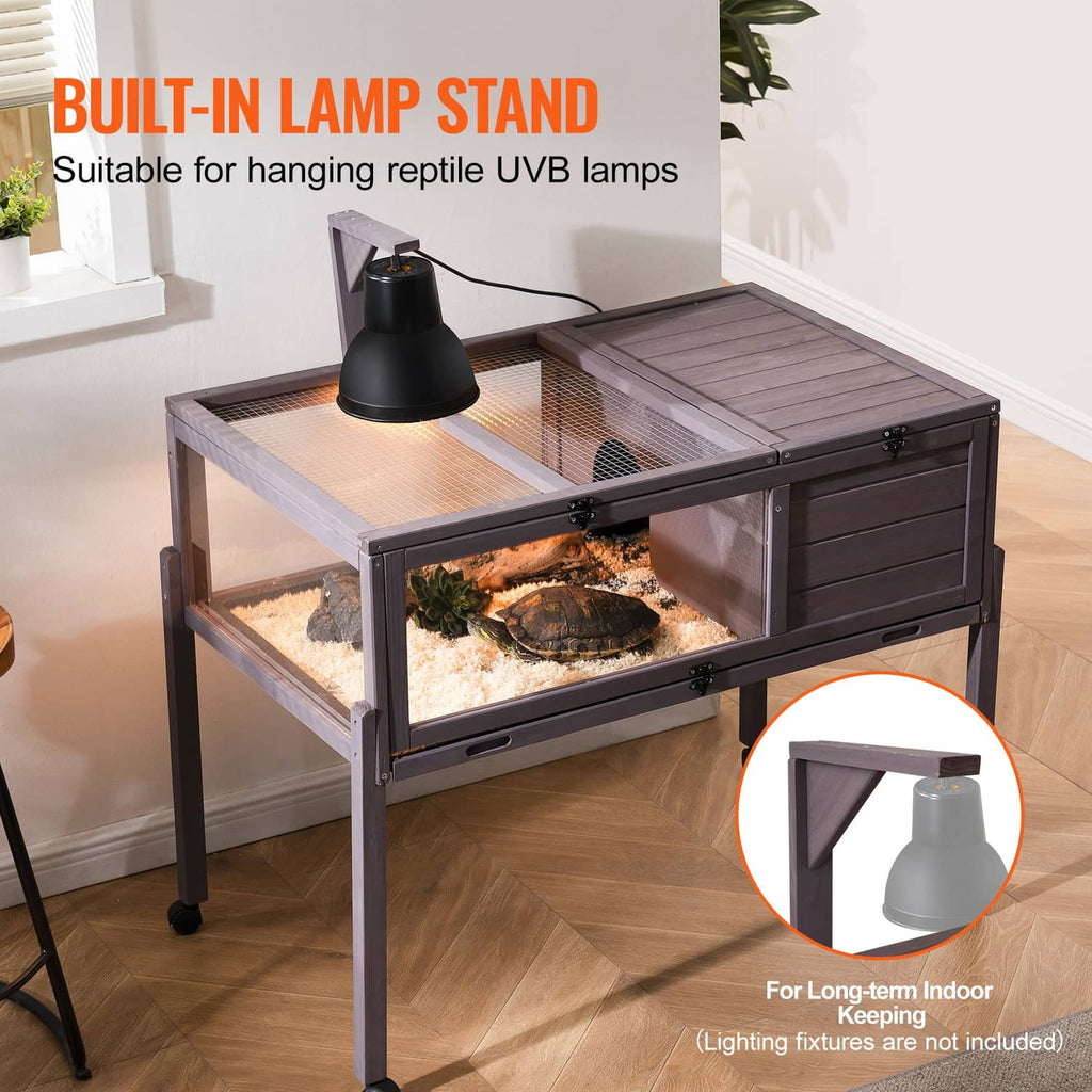 Gray wooden tortoise habitat with built-in lamp stand, metal mesh top, and wheels