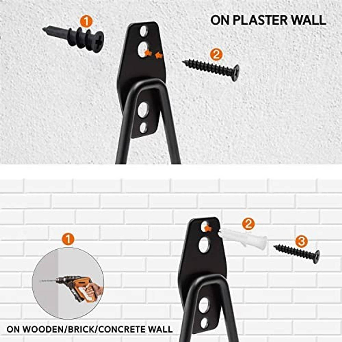 Black garage hooks with screws for installation on plaster wall and wood or brick