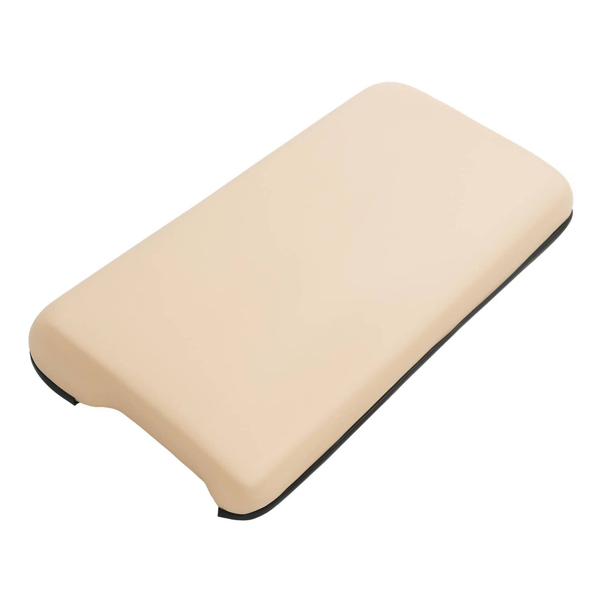 Beige padded front seat bottom with curved corners and black edge trim