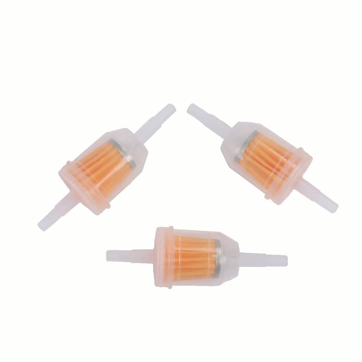 Three clear inline fuel filters with orange media and short inlet/outlet tubes
