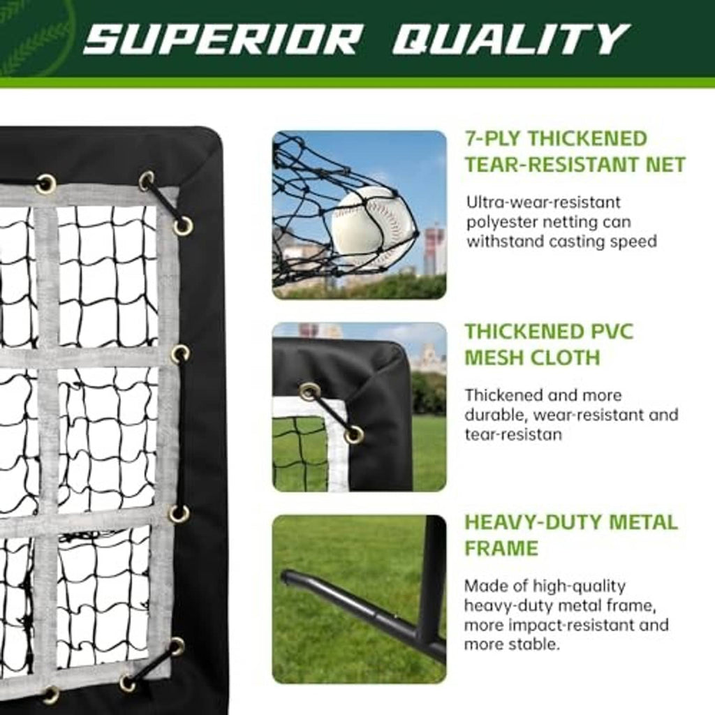 Baseball pitching net with white grid mesh and black padded frame