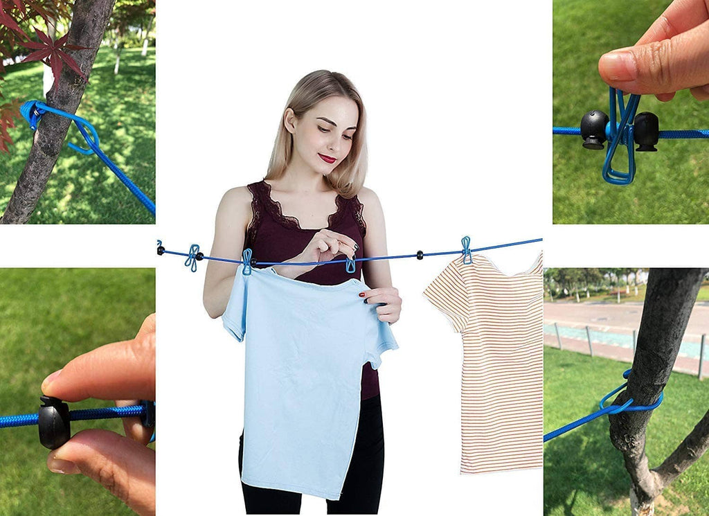 Portable clothesline with blue clips holding light blue and striped fabric