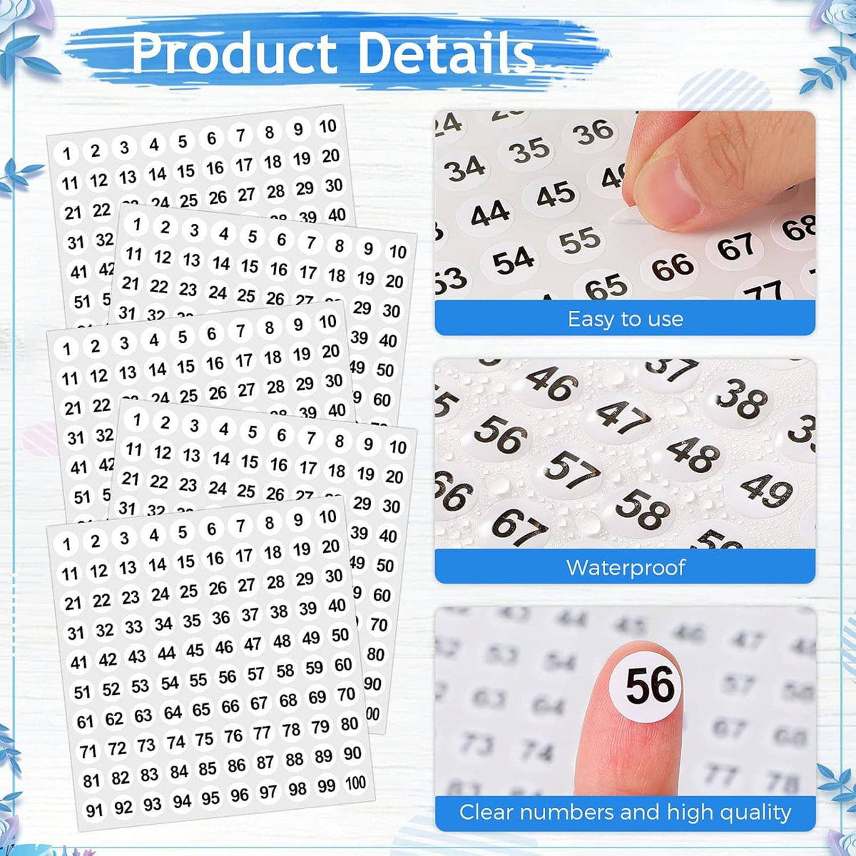 Vinyl number sticker sheets with rows of dark blue numbers 1–100, easy-to-use dots