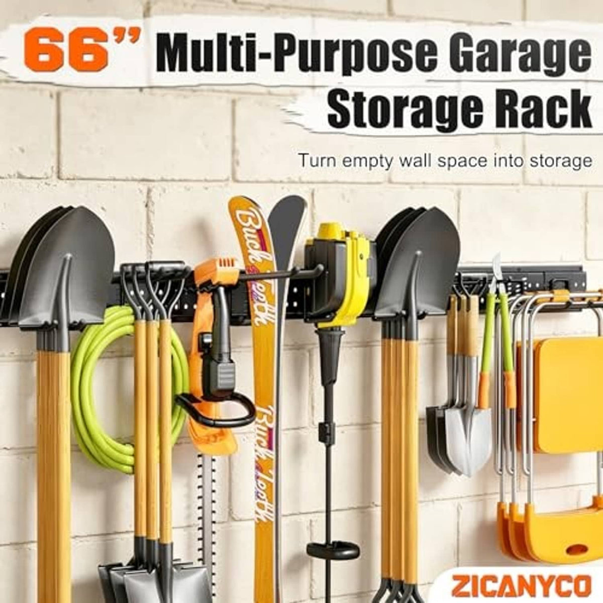 Black garage storage wall rack with 4 panels and hooked bars for tools