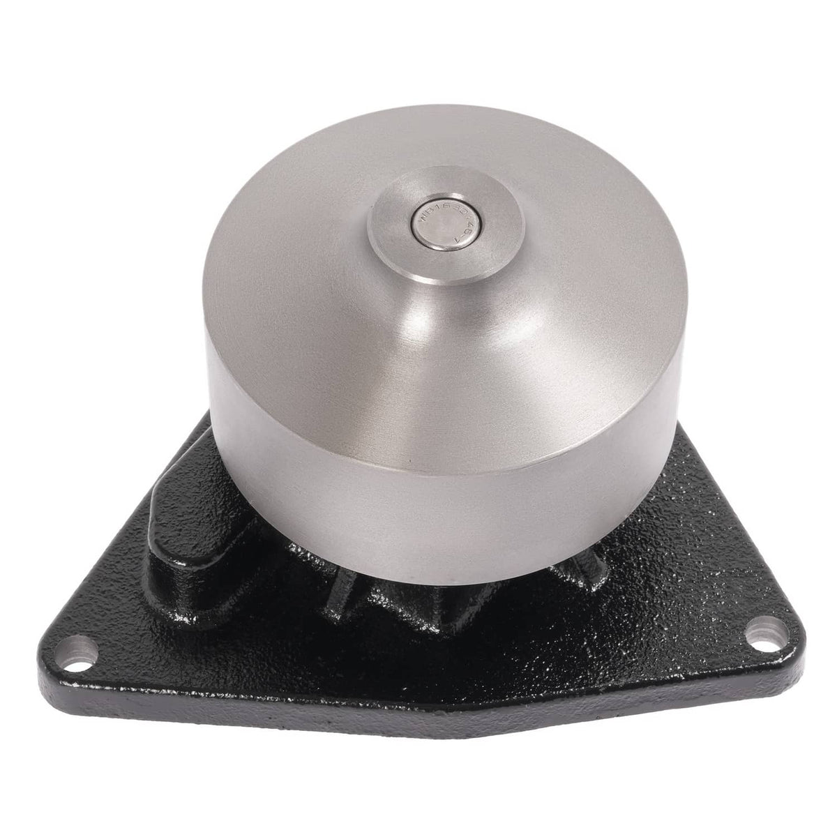 Water pump assembly with silver top cap, black flange base, and bolt holes