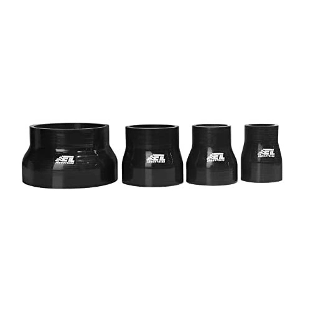 Black silicone reducer coupler set, four sizes shown side by side