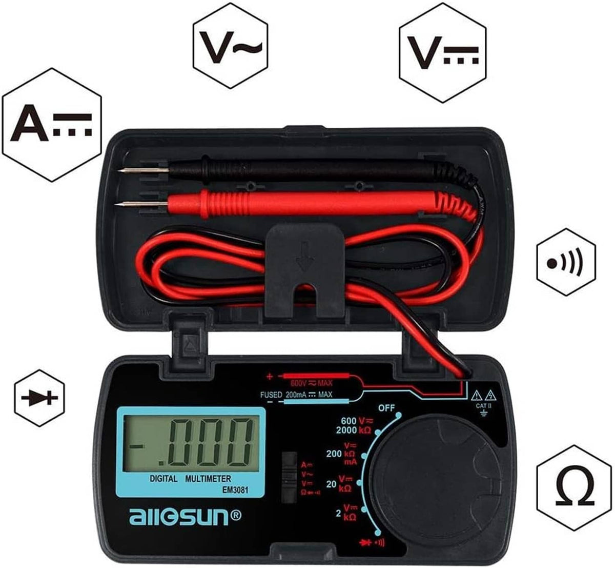 Handheld digital multimeter kit in black case with LCD display, selector dial, and test probes