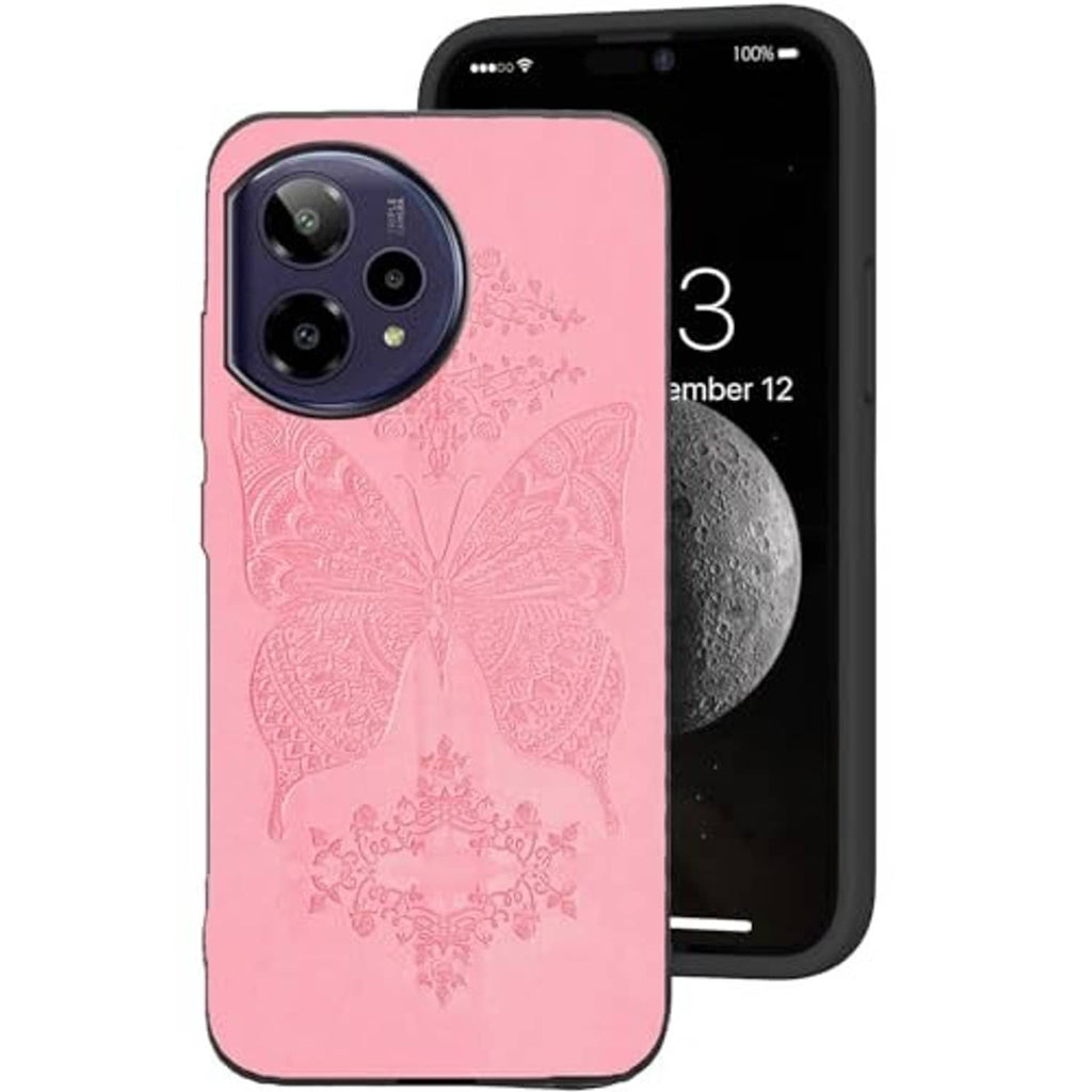 Pink phone case with ornate butterfly design, raised edges, and camera cutouts