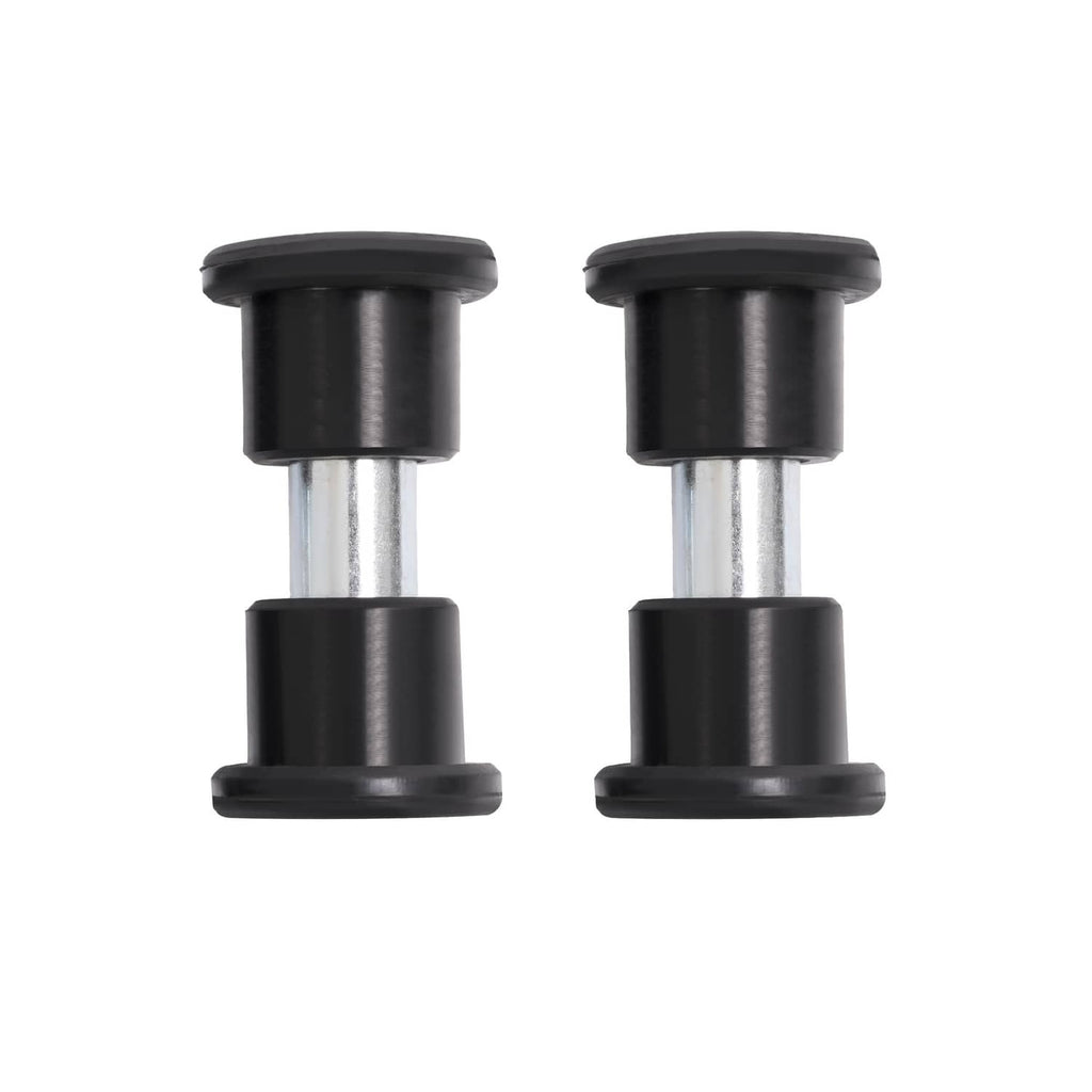 Two leaf spring bushings close-up: black rubber caps with silver metal sleeves