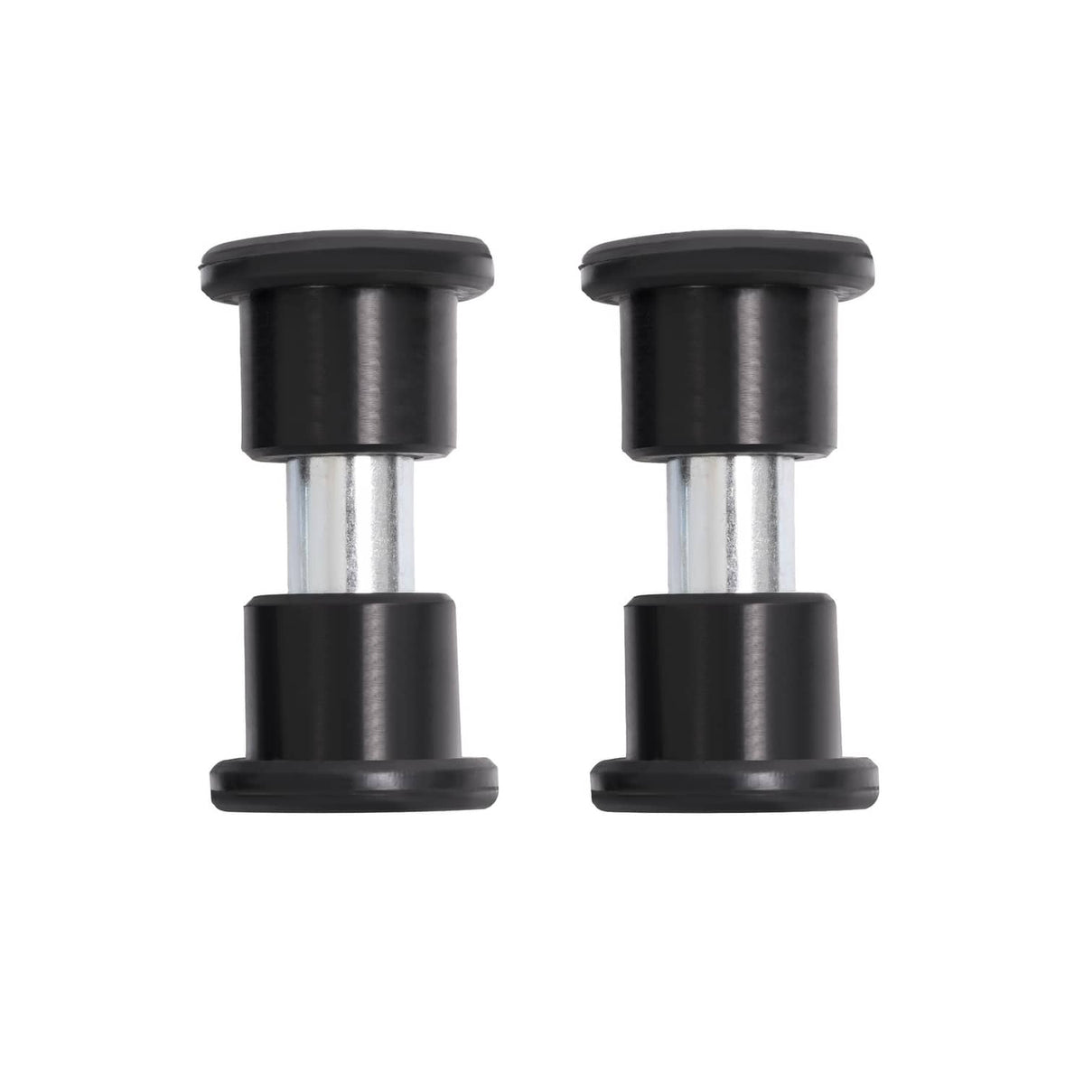 Two leaf spring bushings close-up: black rubber caps with silver metal sleeves