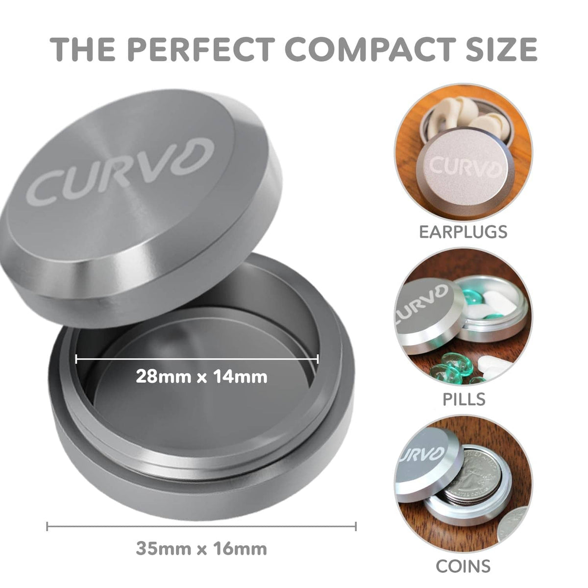 Round metal storage lid with CURVO logo and size measurements for compact case