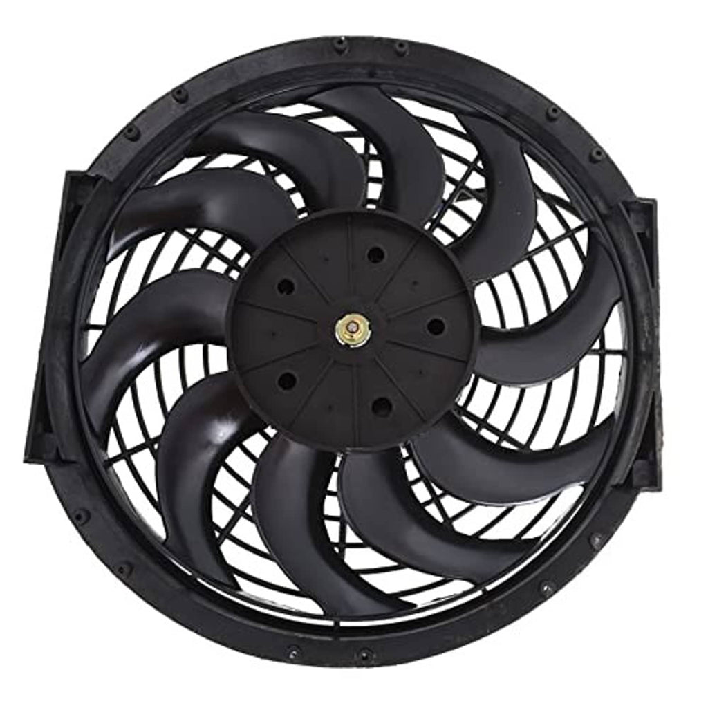 Black radiator cooling fan with circular motor hub and protective grille