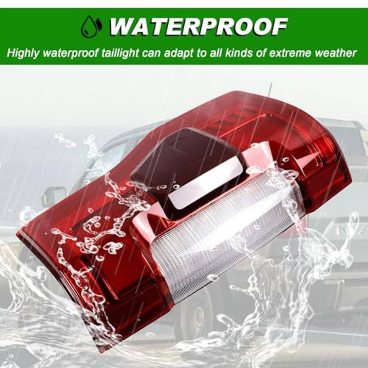 Tail light assembly with red lens and clear light strip, shown with water splash graphic
