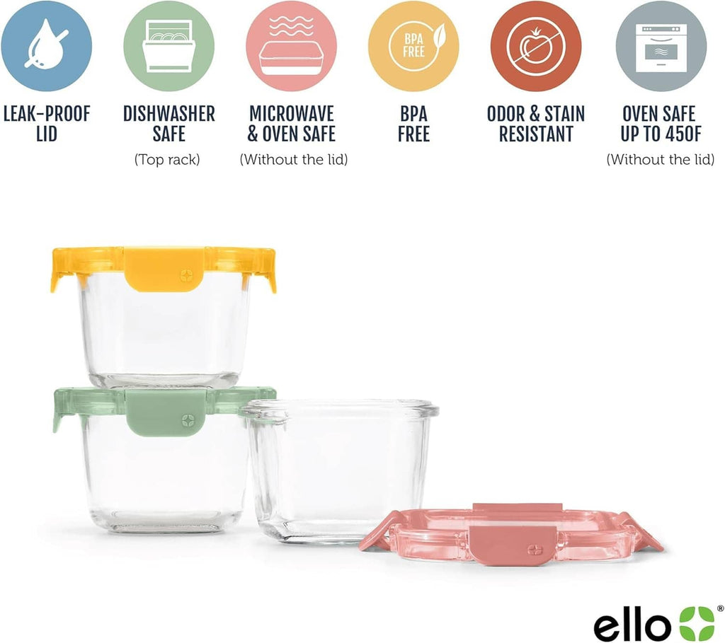 Stacked glass meal prep containers with mint, pink, and yellow snap lids