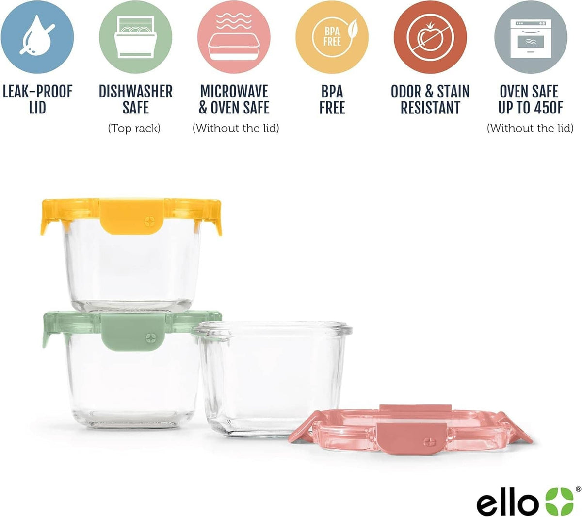 Stacked glass meal prep containers with mint, pink, and yellow snap lids