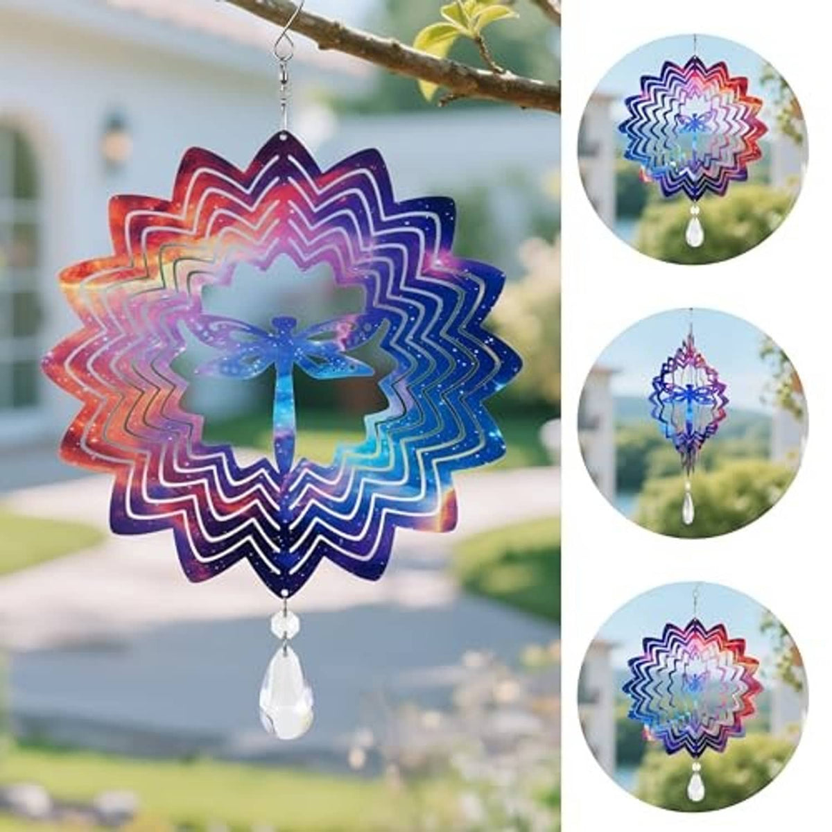 Close-up of a multicolor 3D butterfly wind spinner with hanging clear teardrop pendant