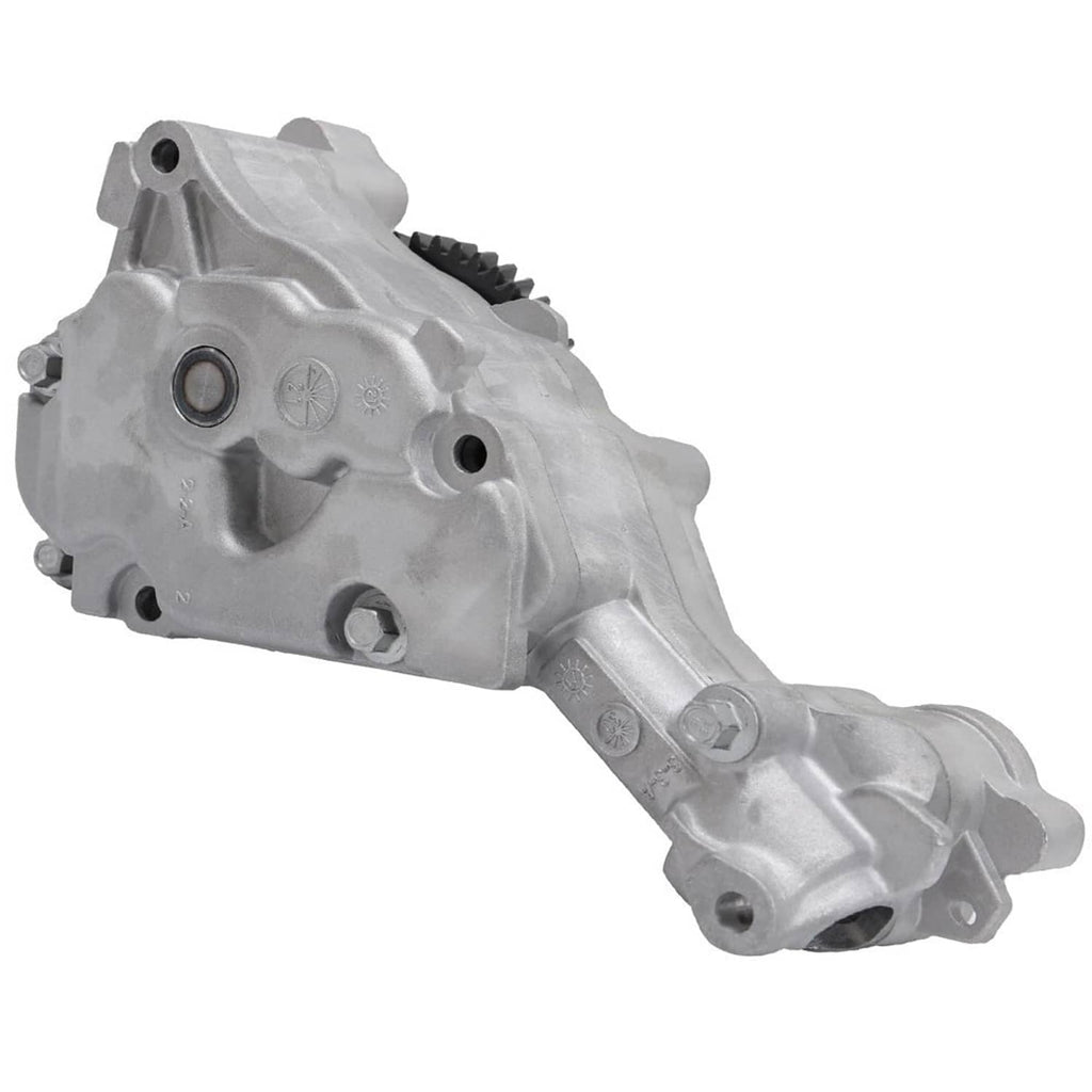Oil pump housing with black timing gear and mounting tabs