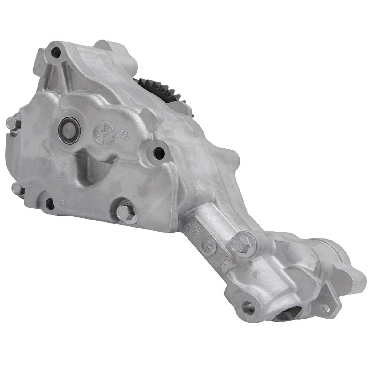 Oil pump housing with black timing gear and mounting tabs
