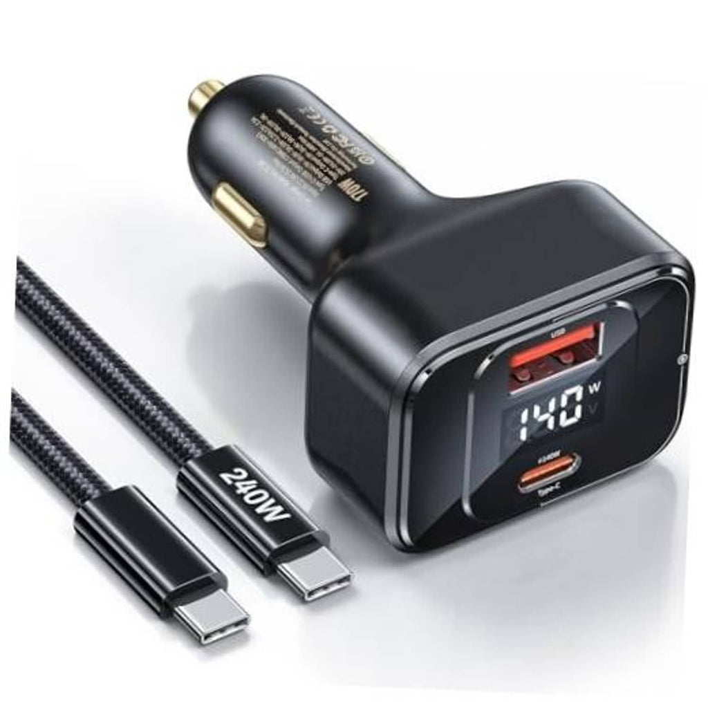 Black USB-C car charger with single Type-C port, gold pins, and LED power display
