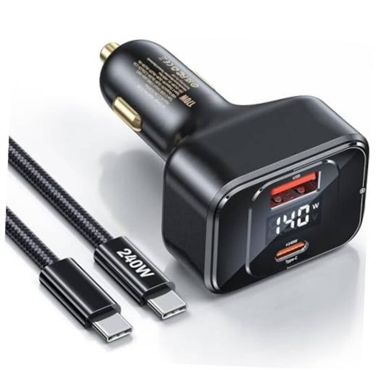 Black USB-C car charger with single Type-C port, gold pins, and LED power display