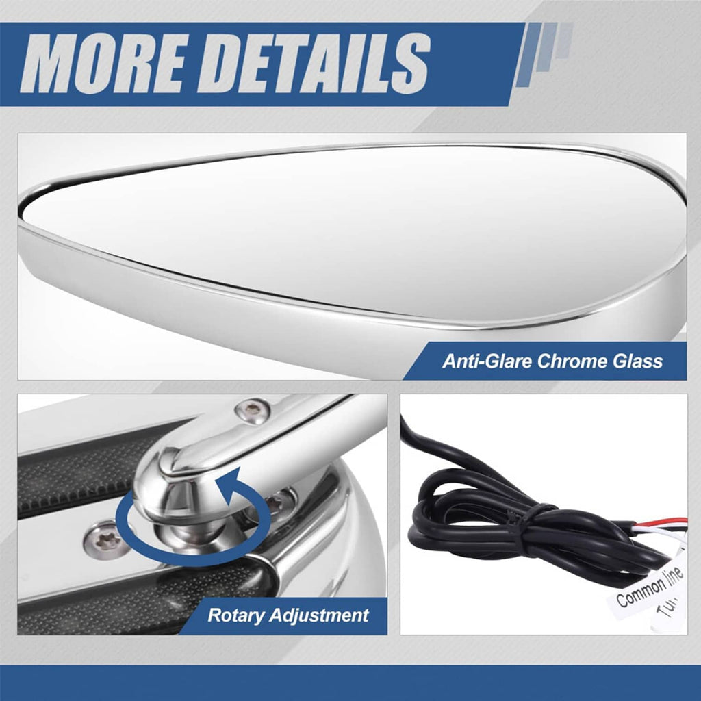 Chrome motorcycle mirrors with anti-glare glass, rotary adjustment, and wiring
