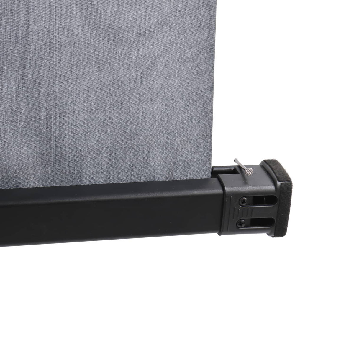 Cargo cover attachment clip on black rail, with fabric panel