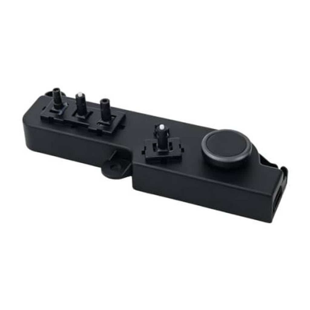 Right passenger power seat switch control module, black with multiple switches and round button.