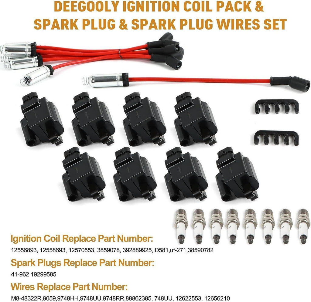 Ignition coil pack set with red spark plug wire harness and spark plugs