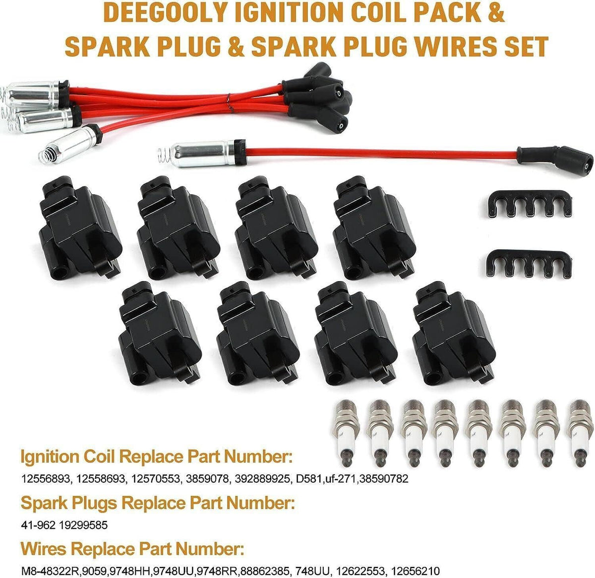 Ignition coil pack set with red spark plug wire harness and spark plugs
